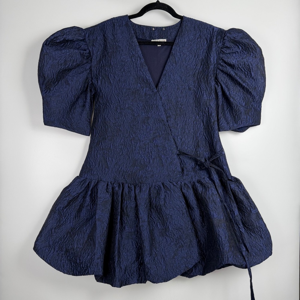 Moon River Women's Navy Blue Puff Sleeve Bubble Hem Mini Dress XS Romantic Chic - Picture 2 of 9